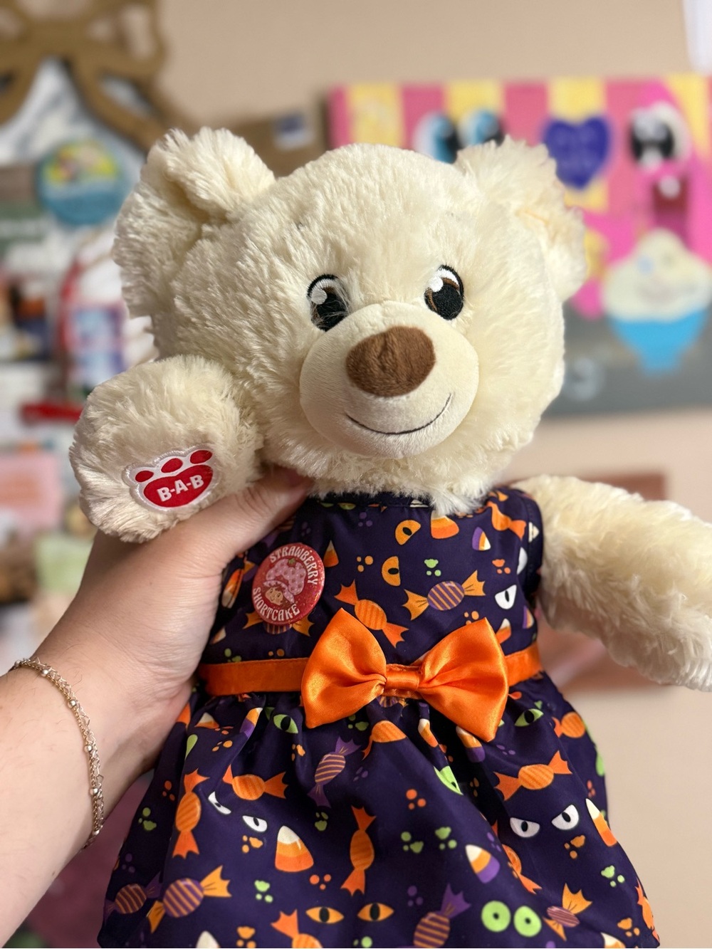 Build-A-Bear Halloween Teddy Bear + Dress & Strawberry Shortcake Button